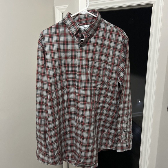 LL Bean Shirt Mens Medium Gray Red Flannel Button Up Traditional Fit Long Sleeve - Picture 1 of 5
